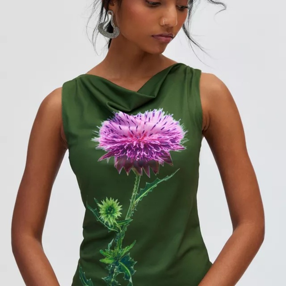 Floral Green Tank Top with Pink Thistle Design